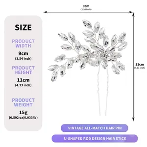 Size chart showing dimensions and weight of the elegant crystal U-shaped bridal hair pin.