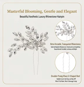 Detailed view of handmade marquise rhinestone bridal hair pin with U-shaped fork