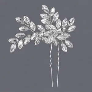 Elegant bridal silver U-shaped hair pin featuring marquise-cut crystal leaves for wedding