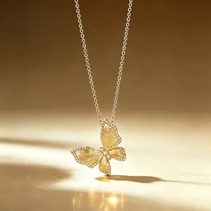 Vintage 925 Sterling Silver Gold Plated Butterfly Pendant Necklace For Women Brushed Texture Zirconia Inlaid Luxury Jewelry