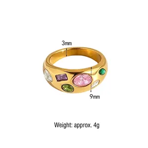 Detailed view of gold plated stainless steel ring with colorful zirconia stones and sizes