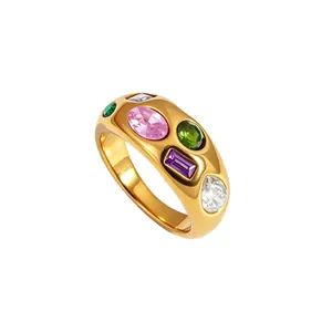 Detailed close-up of a high-quality gold-plated dome ring with vibrant multi-colored gemstones