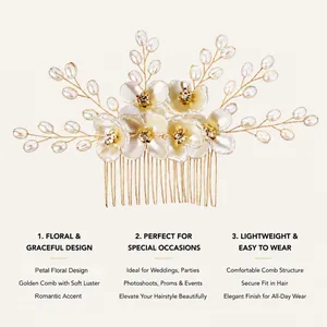 Mise en page détaillée du peigne à cheveux en perles florales pour coiffures de mariée.