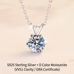 925 Sterling Silver Moissanite Necklace D Color 1 Carat Round Cut Six-Prong Pendant Zirconia Clavicle Chain Jewelry For Women