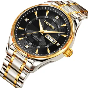 Elegante orologio da uomo in acciaio bicolore con quadrante nero, doppio datario e diamanti