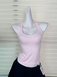 Débardeur de fitness rose à col carré et dos nageur pour femme, matière haute élasticité