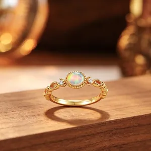 Bague Vintage en Argent Sterling 925 Plaqué Or avec Opale Artificielle Creuse Géométrique Strass Bijoux Réglables pour Femmes