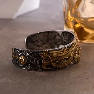 Retro Dragon Relief Open Cuff Bracelet Stainless Steel Vintage Chinese Style Men Bangle Jewelry