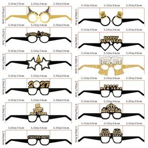 Detailed dimensions for various 2027 New Year paper party glasses and photo props.