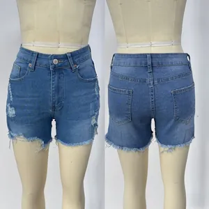 Detailed front and back views of blue high waist distressed denim shorts on mannequin