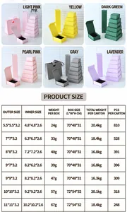 Comprehensive size chart for multi-colored magnetic flip jewelry packaging boxes