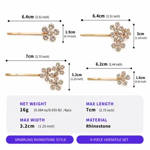 Dimensiones de cuatro horquillas de flores con diamantes de imitación, set de 4 piezas.