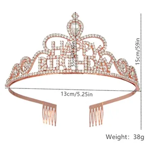 Diadème d'anniversaire Happy Birthday en strass rose gold avec dimensions et poids