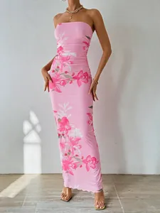 Robe Longue Bustier Mesh Froncée Moulante Imprimé Fleuri Coupe Ajustée Été Plage Vacances Soirée Sexy Pour Femmes