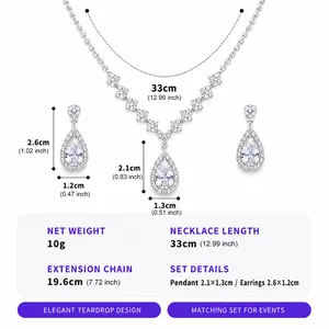 Detailed size specifications for teardrop bridal jewelry set with necklace and earrings.