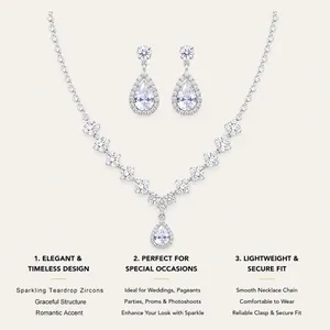 Elegant bridal silver necklace and earring set with teardrop zircon stones for weddings
