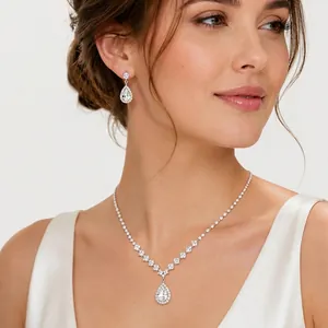 Elegant Silver Tone Alloy Rhinestone Zirconia Water Drop Pendant Necklace And Earrings Jewelry For Bridal Wedding Party Women Accessory