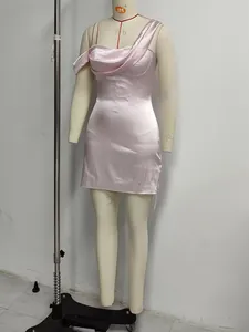 Front view of a pink satin cowl neck camisole mini dress displayed on a mannequin