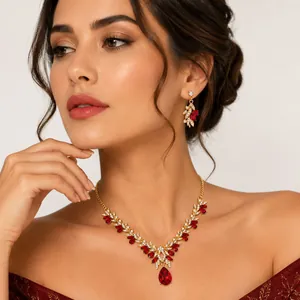 Elegant bridal jewelry set featuring a red crystal floral necklace and matching earrings.