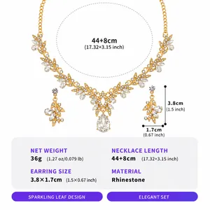Detail view of rhinestone leaf necklace and earring set with dimensions and weight specs.