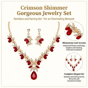 Elegant red crystal flower bridal necklace and earring jewelry set for wedding banquets