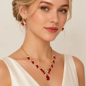Luxury Alloy Rhinestone Flower Jewelry Set For Wedding Party Bridal Waterdrop Leaf Necklace And Earrings Set