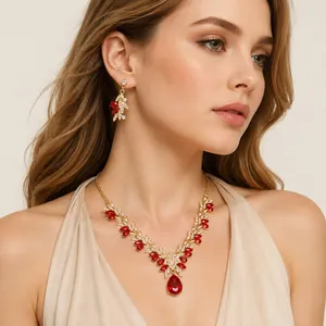 Elegant bridal jewelry set with red rhinestone floral necklace and matching earrings