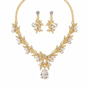 Elegant bridal crystal floral necklace and earring jewelry set with teardrop pendant