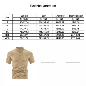 Complete size chart for men's casual khaki short-sleeve polo shirt with CM and INCH measurements.