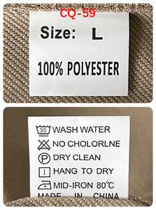 Close-up detail of garment care label for men's polyester Polo shirt showing Size L and material