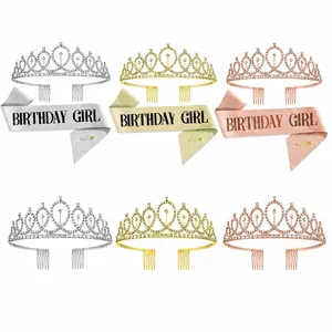 Rhinestone Tiara Crown And Birthday Girl Sash With Safety Pin For Birthday Party Celebration Elegant Alloy Headwear