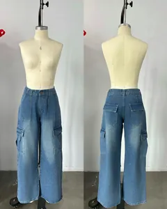 Detailed front and back views of American washed cargo jeans with multiple large pockets