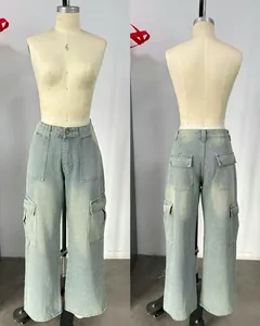 Front and back detailed views of light blue washed cargo denim pants shown on a mannequin.