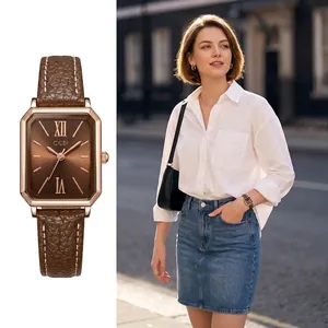 GEDI Damen Elegante Rechteckige Quarzuhr Retro Roségold Legierung Gehäuse Kunstleder Armband Wasserdicht Damen Armbanduhr Geschenk