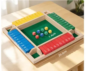 Close-up of a four-sided wooden shut the box game with colorful tiles and dice