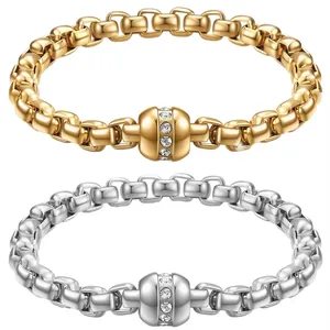 Edelstahl Box Chain Armband 18K Vergoldet Mit Zirkonia Perlen Geometrischer Mode Schmuck Accessoire Für Frauen