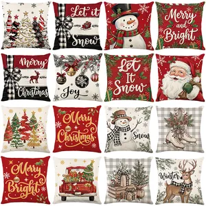 Set of 16 festive Christmas pillow covers with holiday patterns and slogans decoration.