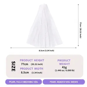 Measurement detail for white pearl beaded tulle wedding veil showing product height and weight