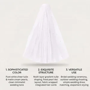 Detailed view of multi-layer white bridal veil featuring elegant matte cream pearls