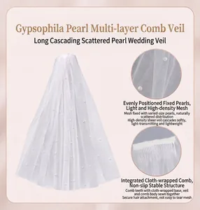 Detail of high-density mesh bridal veil with delicate scattered pearl embellishments