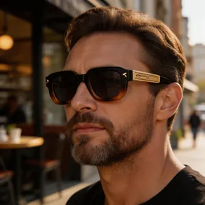 Detailed view of men's square frame sunglasses with gold arrow and T-logo on temple.