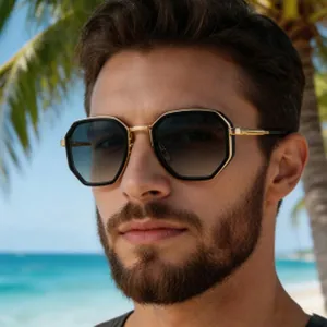 Close-up detail of stylish black and gold octagonal polarized sunglasses for men
