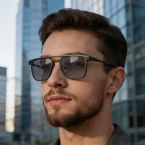 Men's square polarized sunglasses for outdoor driving, detailed close-up on model