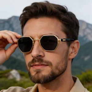 Close-up of men wearing hexagonal polarized sunglasses in a sunny outdoor setting