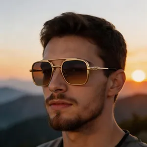 Male model wearing stylish gold square frame polarized sunglasses during a scenic sunset.