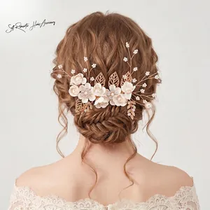 Handgefertigter Braut Blumen Haarkamm Gold Blatt Hochzeit Haarschmuck Rosa Weiß Stoff Floral Künstliche Perle Kopfschmuck Damen Schmuck