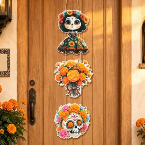Detailed view of Día de los Muertos door decoration with cartoon girl and sugar skull
