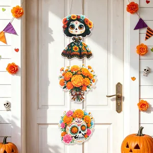 Detailed view of a Day of the Dead hanging decoration featuring a sugar skull girl and flowers