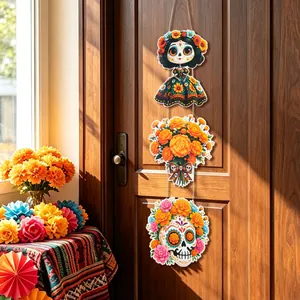 Day of the Dead door hanging decoration with colorful sugar skull and marigold designs