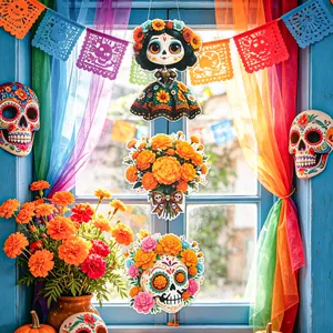 Detailed view of vibrant Day of the Dead skull hanging decorations for Mexican party